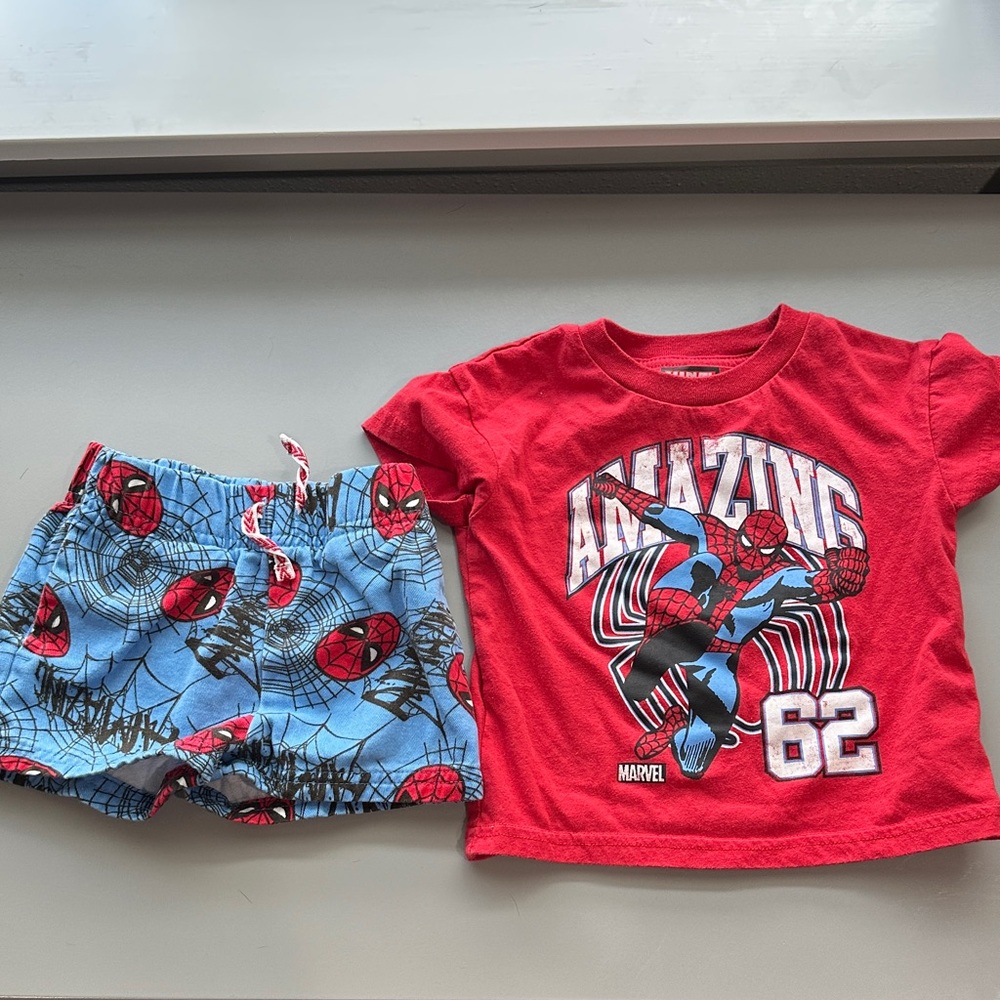 Marvel Spider-Man Red Tee & Light Blue Webbed Shorts